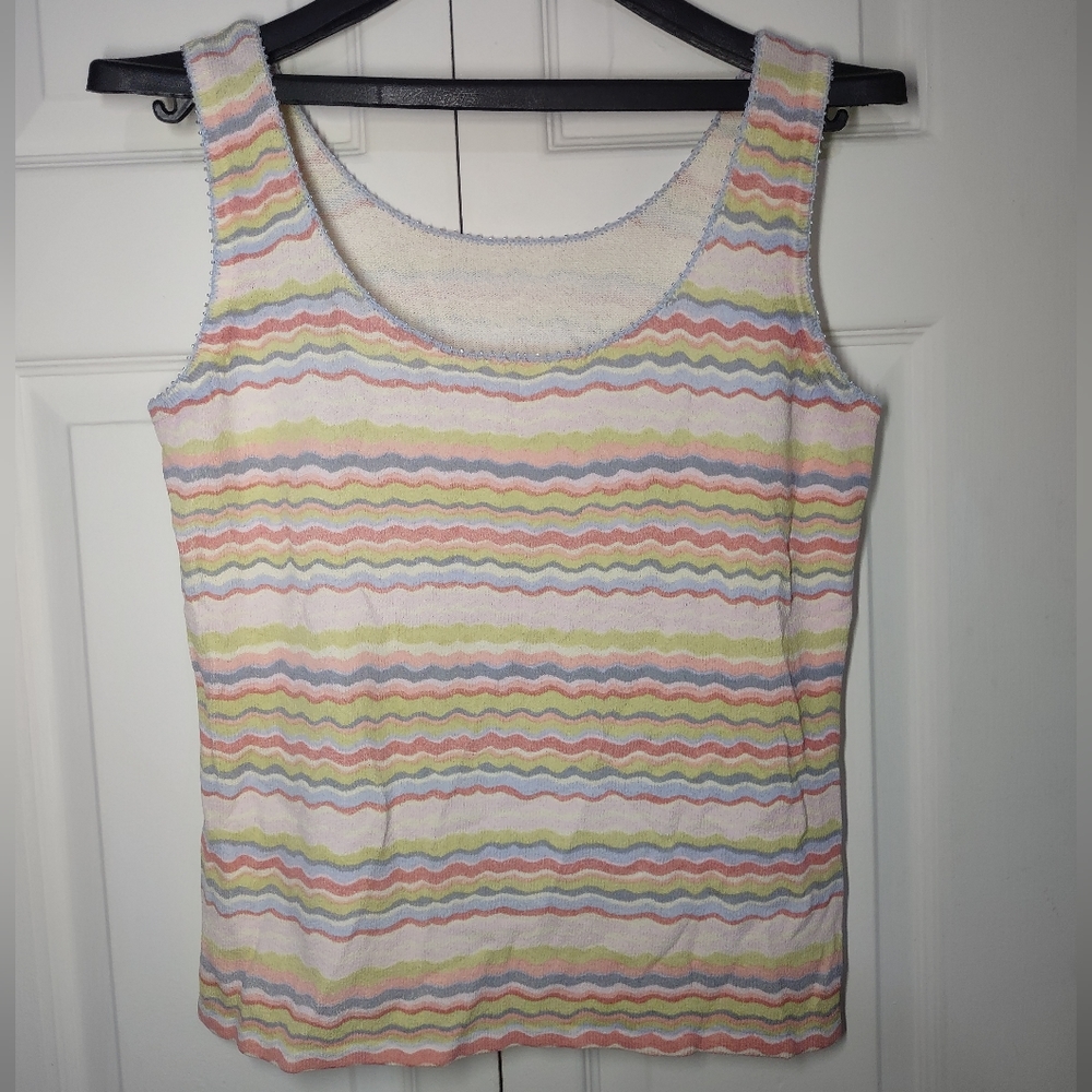 Tank Top Womens M Multicolor Wavy Striped Sleeveless Elastic Beaded Bright Cream